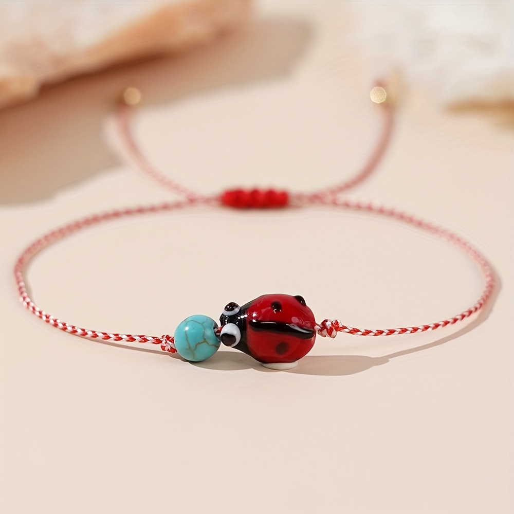 Ladybug Red & Turquoise Bracelet Bohemian Style Beaded Animal Theme